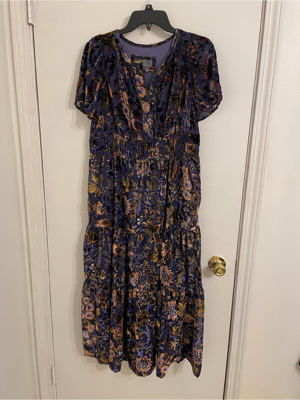 Anthropologie Midnight Blue Floral Tiered Maxi Dress with Gold Detail